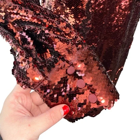 NWT TED BAKER $495 Emmalee Burgundy Sequin Midi Dress Plunge Neck Glam Party